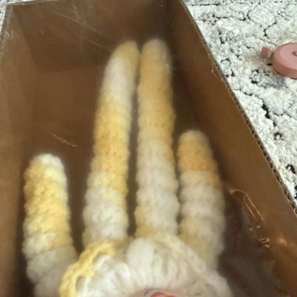 Vintage Handmade Spiral Crochet YOYO Clown Doll with Plastic Head Yellow New